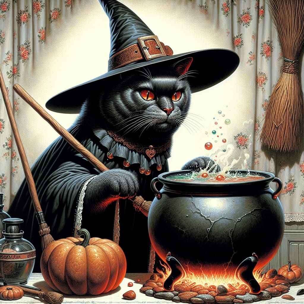 Whimsical Witch Cat Brewing Potion