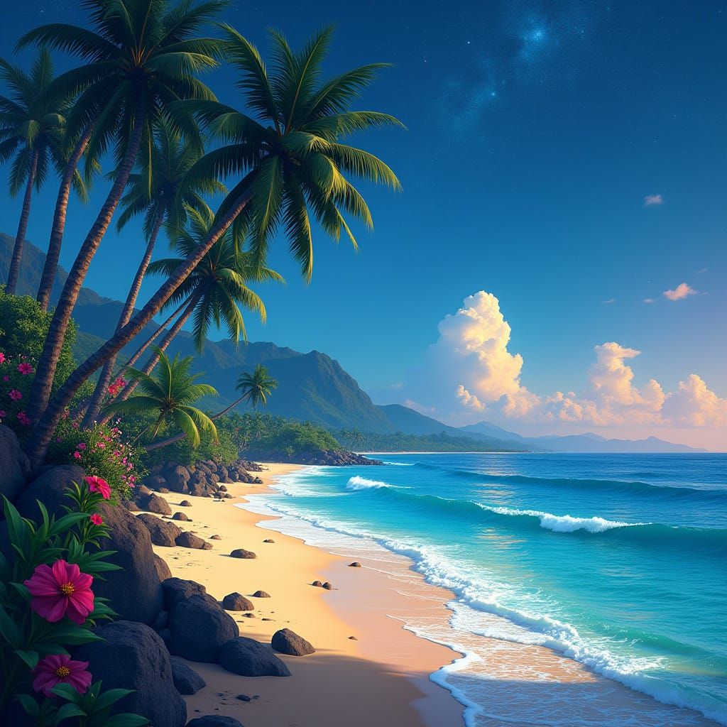 Dreamy Hawaiian Island at Dusk with Palm Trees and Colorful ...