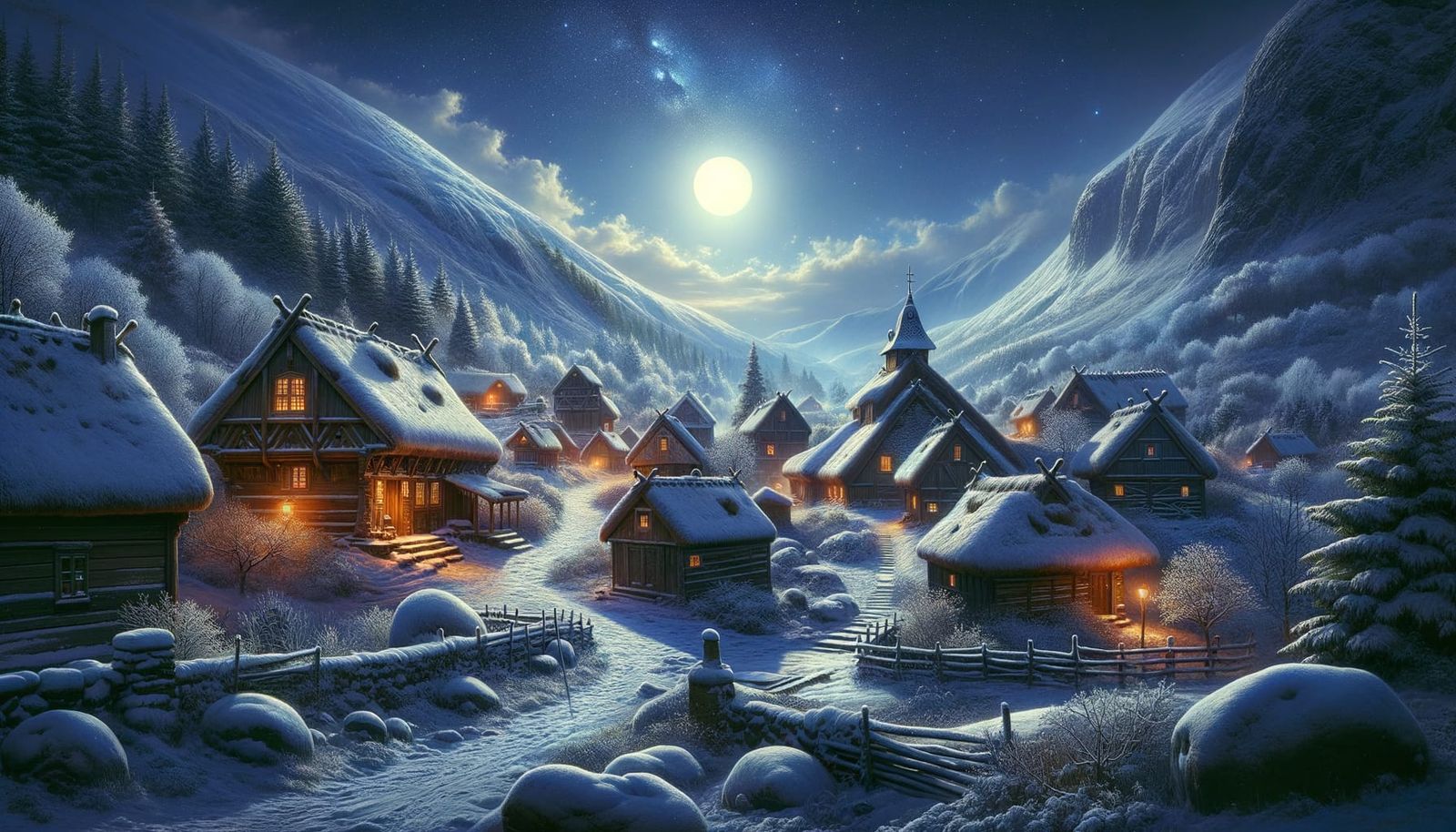 Old Norse Village in Winter Snowfall