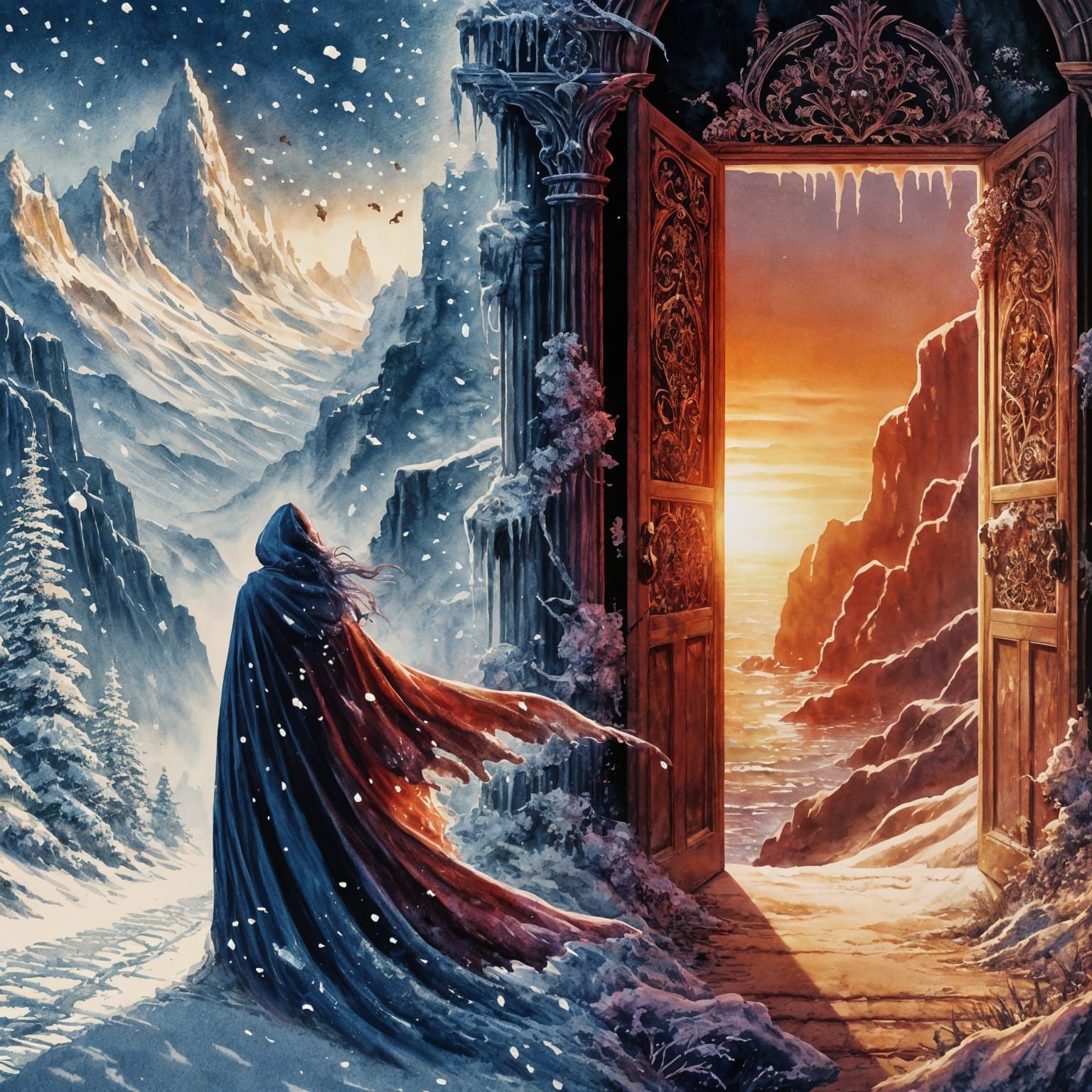 Romantic Watercolor Winter Scene Transforms into a Summer Be...