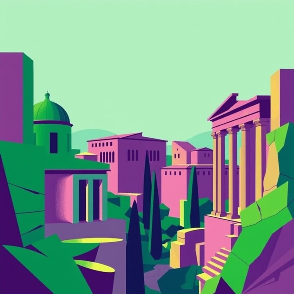 Angular Roman Buildings in Vibrant Mythological Setting