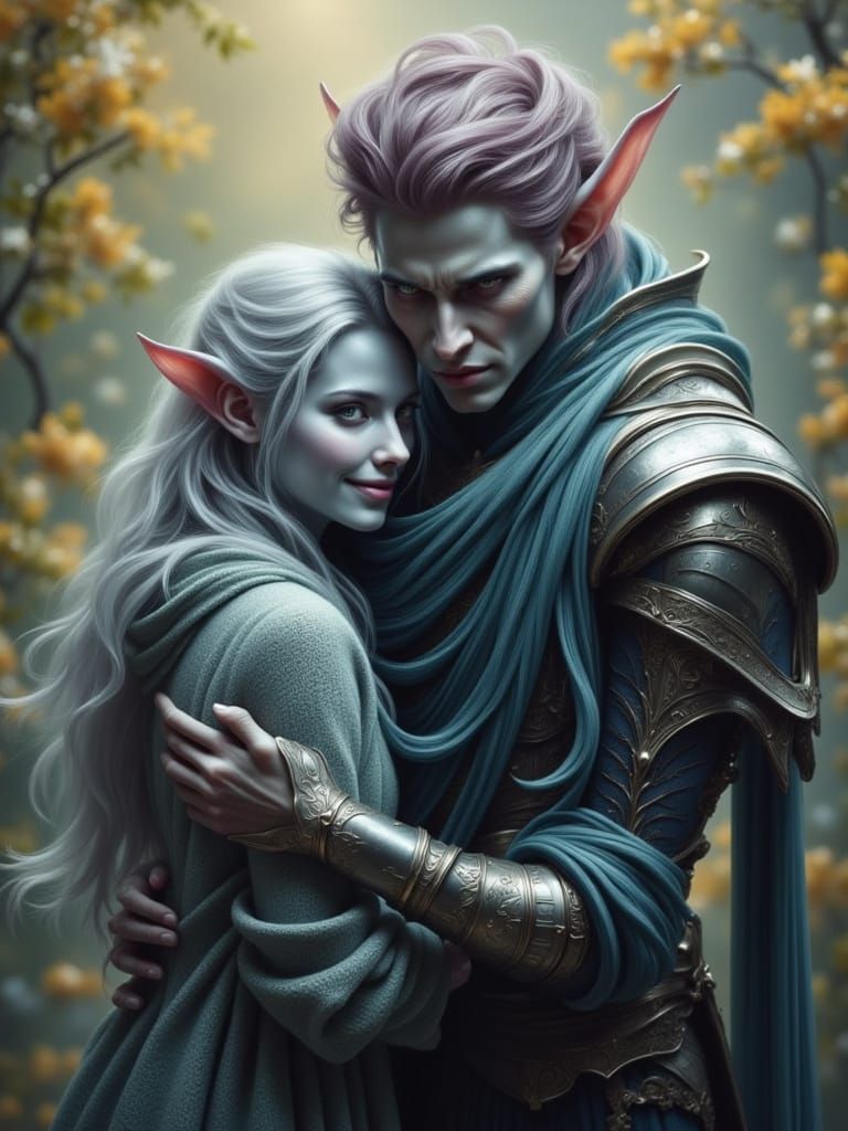 Two Blue-Skinned Men Hugging in Detailed Realism