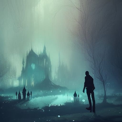 Fantasy Shadow Castle with Floating Figures