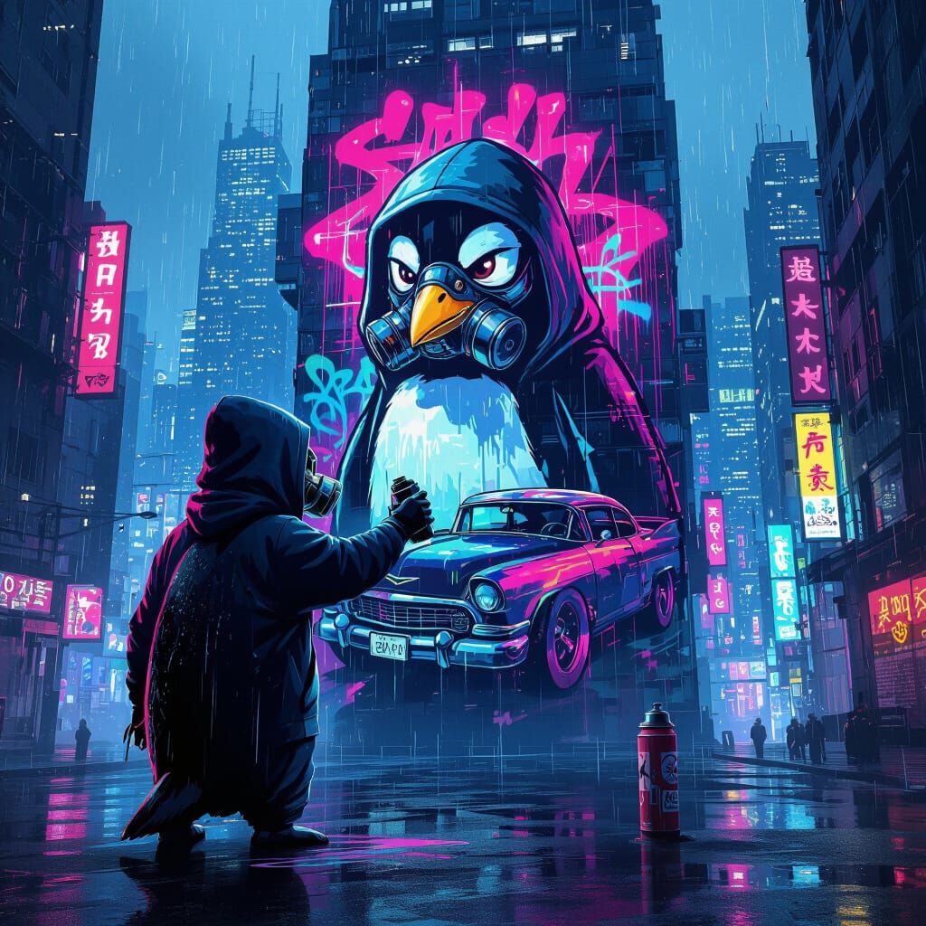 Cyberpunk Penguin Agent Creates Graffiti Art
