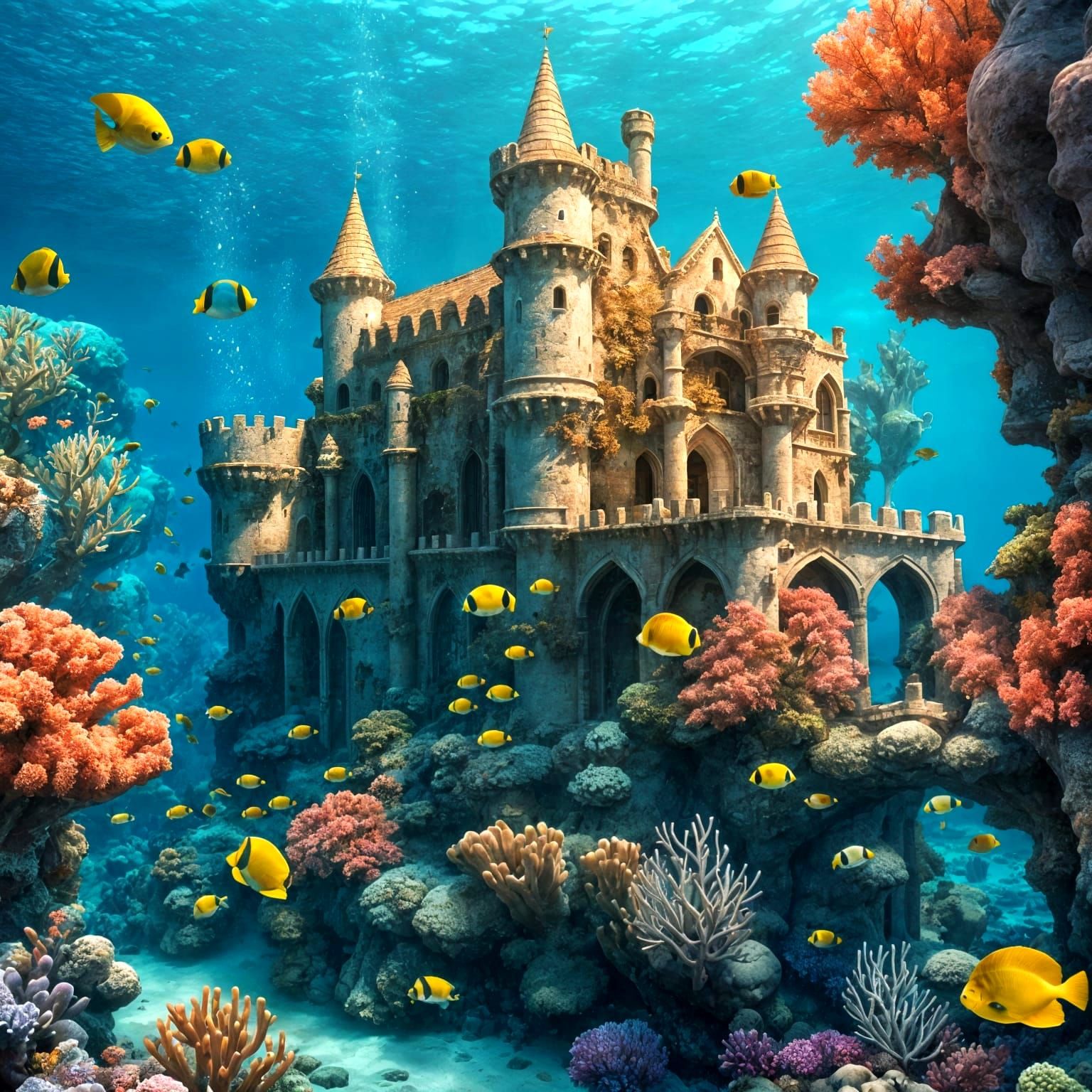 Underwater Castle Amidst Thriving Coral Reef