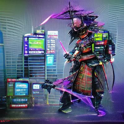 Cyberpunk Samurai Warrior in Neon Cityscape