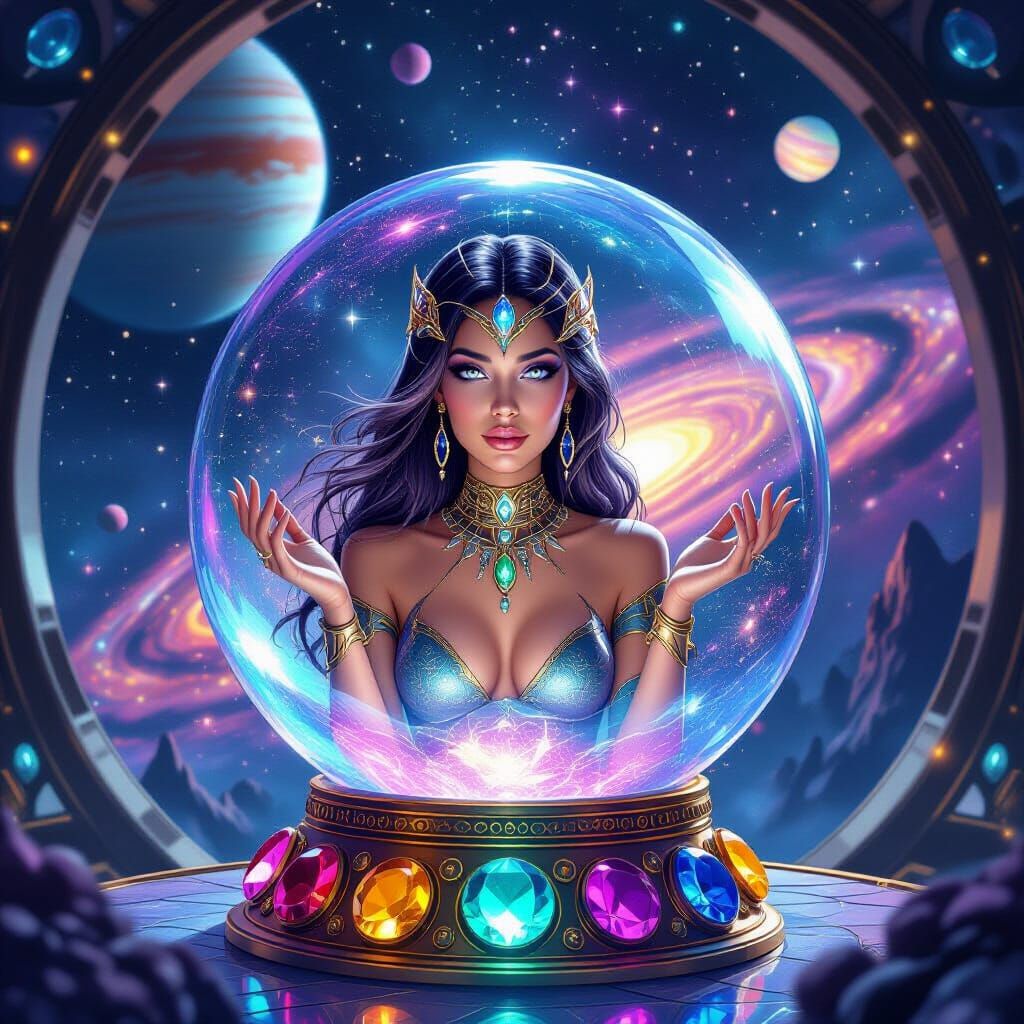 Alien Witch Gazes at Solar System in Crystal Ball