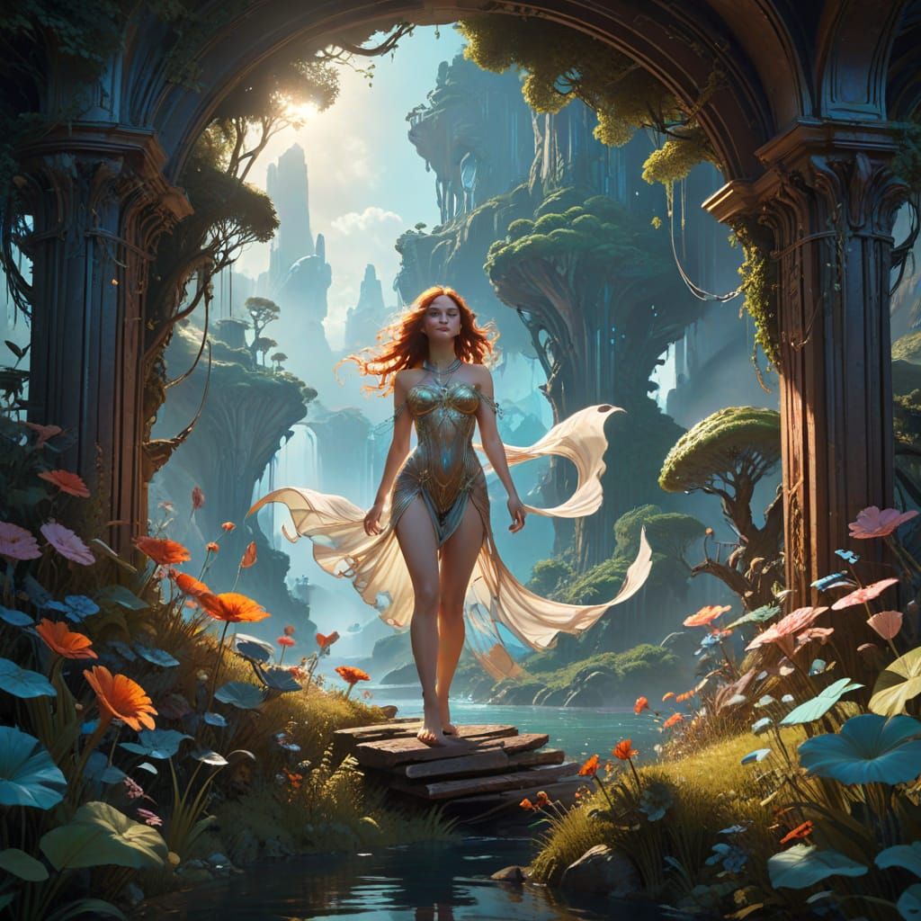 Surreal Goddess in Dreamlike Art Nouveau Splendor