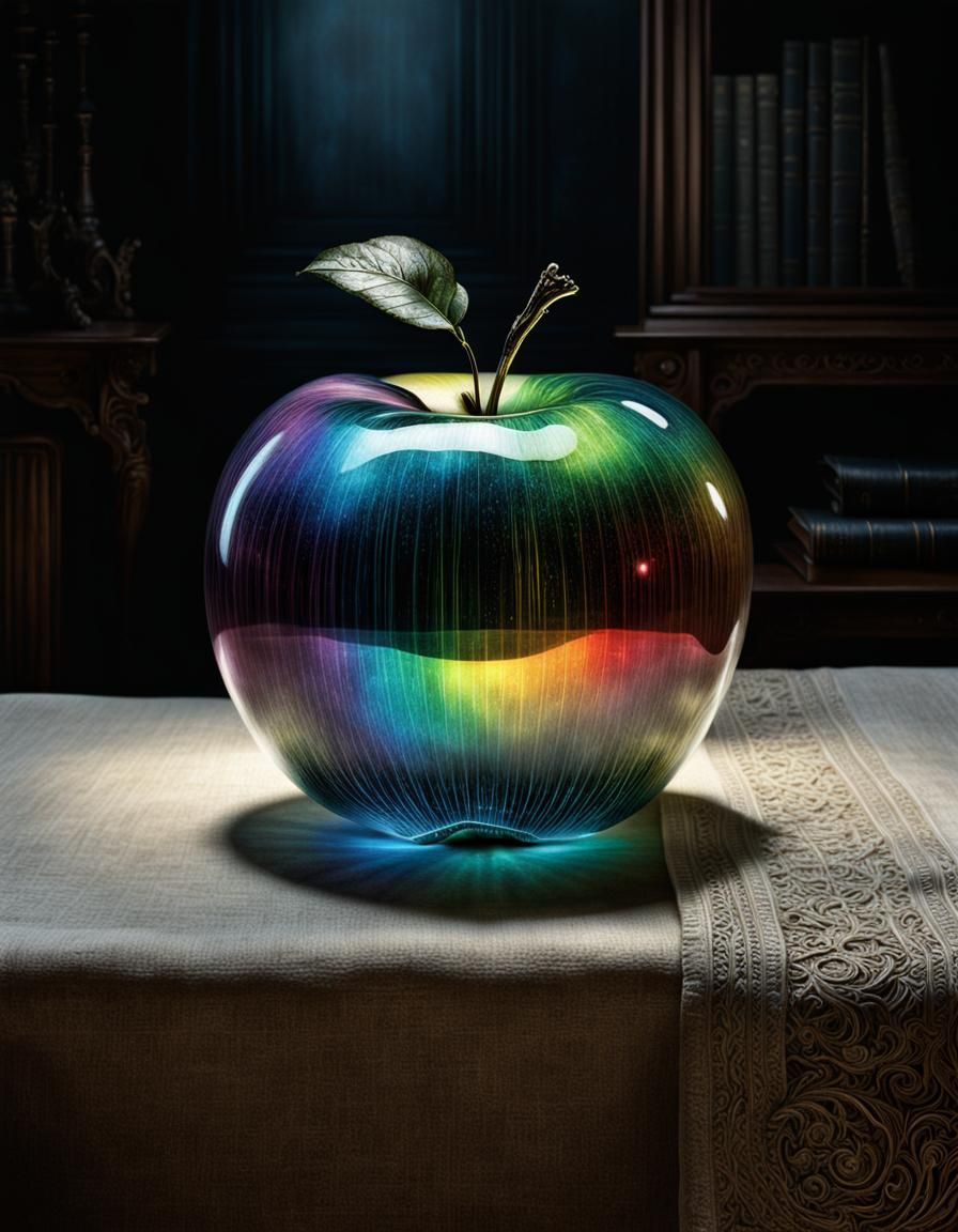 Glowing Rainbow Apple in Victorian Study