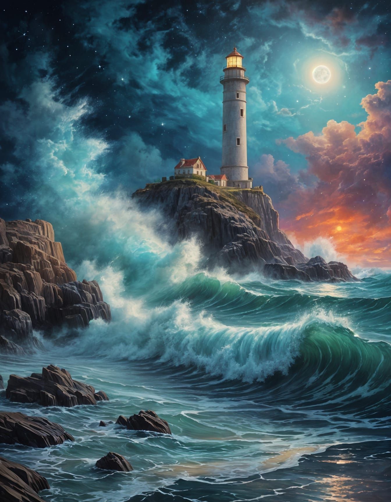 Surreal Lighthouse Under Starry Sky, Dreamlike Oil Painting