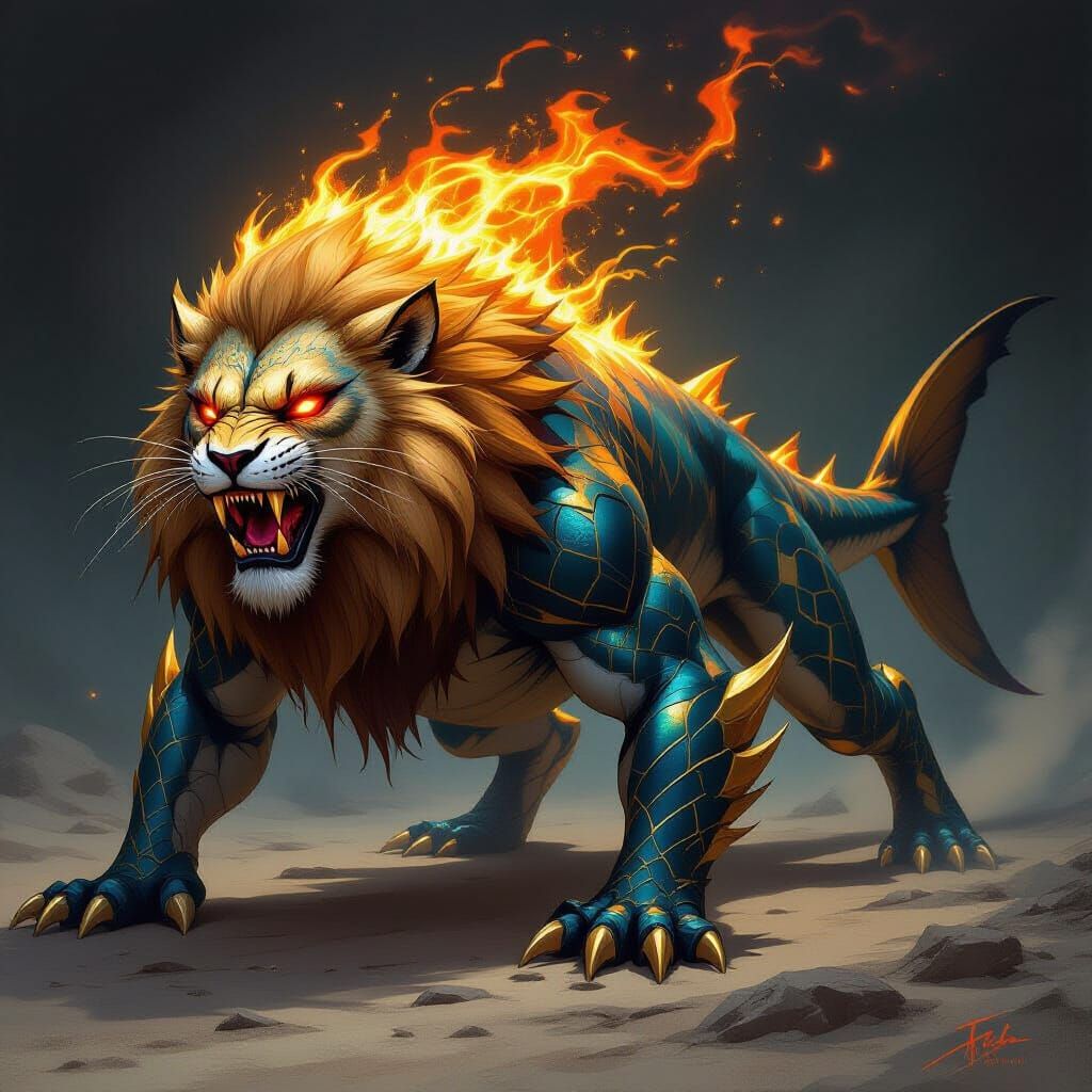Mythical Beast: Lion Dragon Shark Hybrid with Fiery Tail
