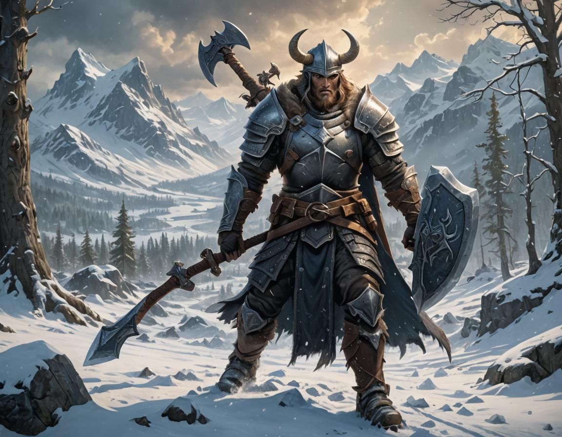 Nordic Warrior in Snowy Landscape, Digital Painting