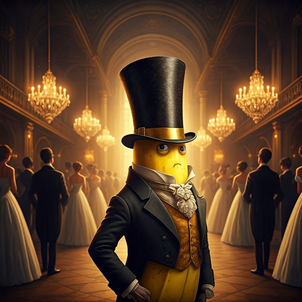 Elegant Banana in Top Hat at Formal Ball