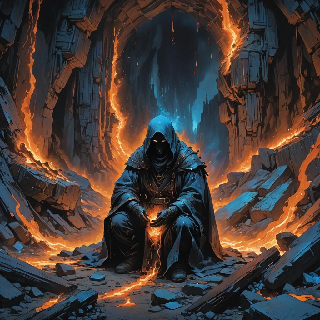 Inferno Engulfs Mine: Ethereal Robes in Dreamlike Mysticism