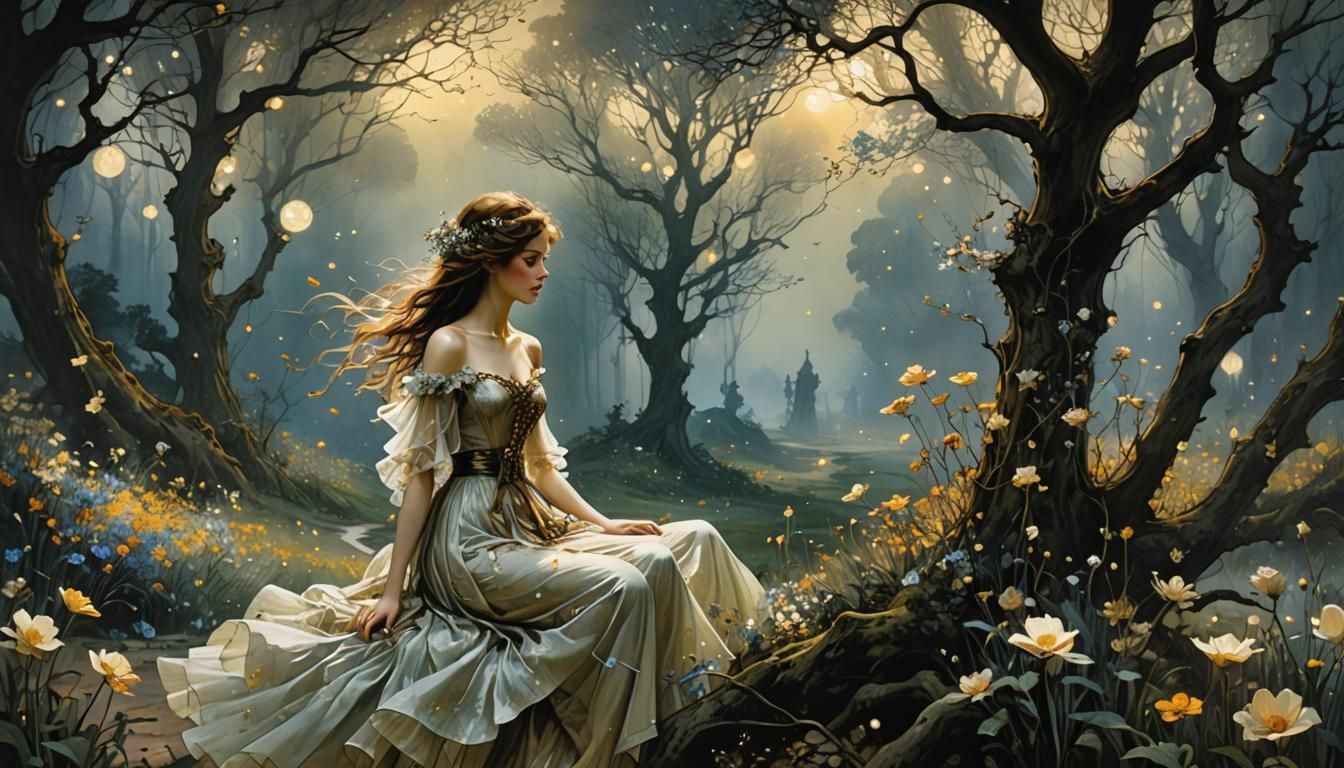 Bioluminescent Landscape with Ethereal Flora in Ink Art Styl...