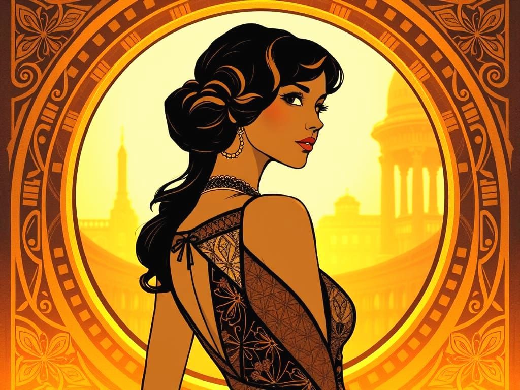 Elegant Woman in Art Nouveau Golden Frame