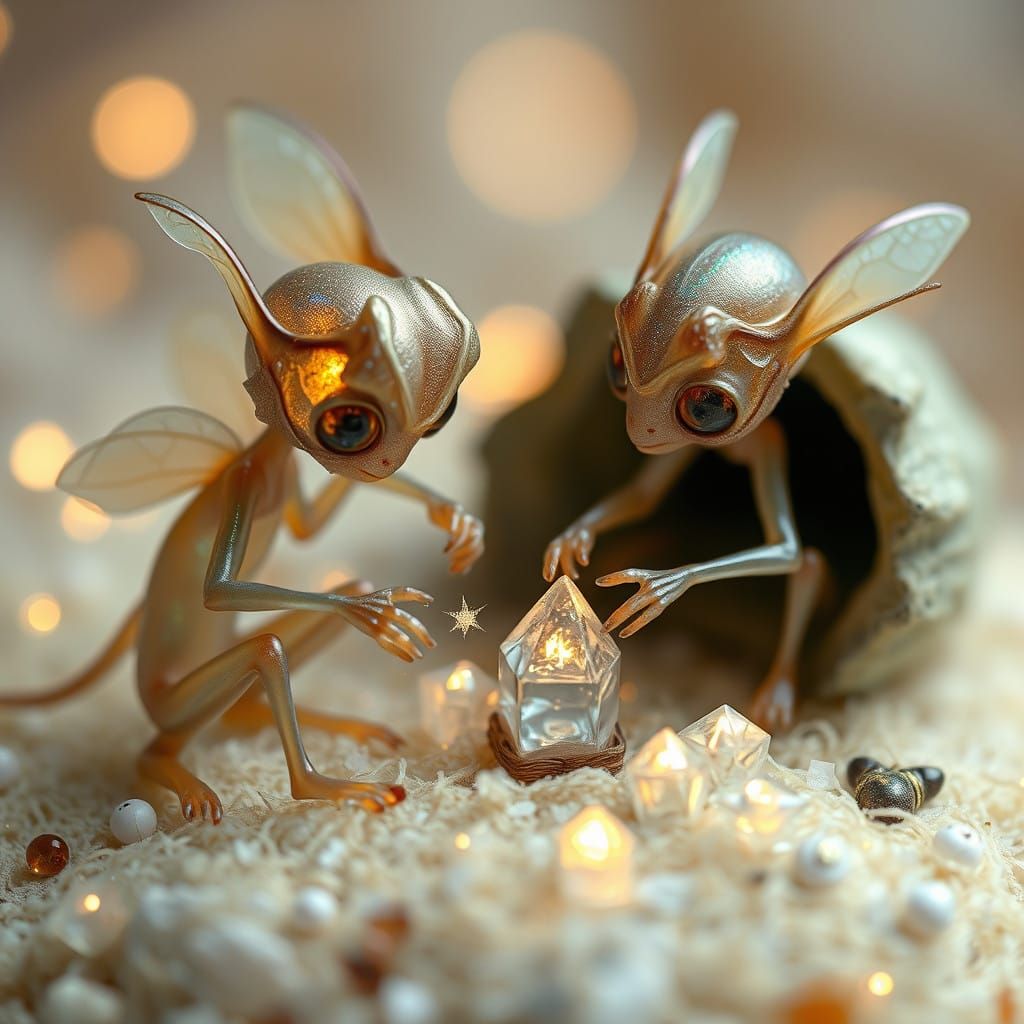 Whimsical Faeries Picking Up Glowing Treasures in a Dreamy L...