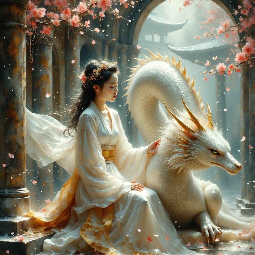 Japanese Fantasy Scene: Woman on Throne with Dragon