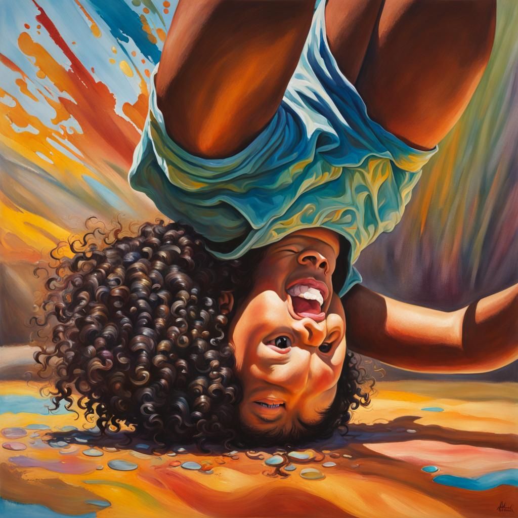 Smiling Girl Doing Headstand in Gouache Style