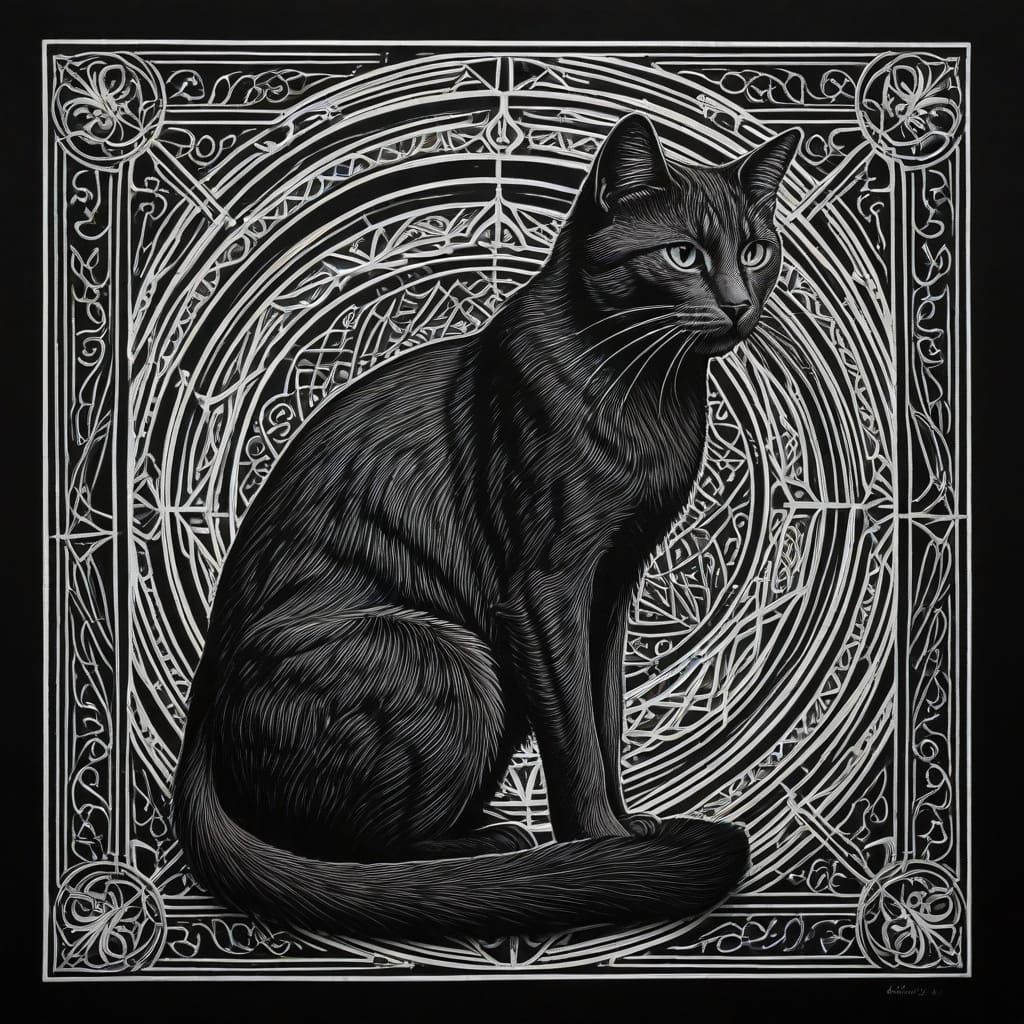 Art Nouveau Cat in Geometric Frame - Scratchboard Drawing