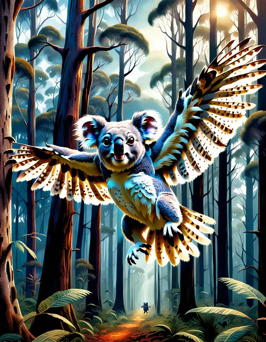 Koala-Owl Hybrid in Haunting Flight: Digital Matte Painting