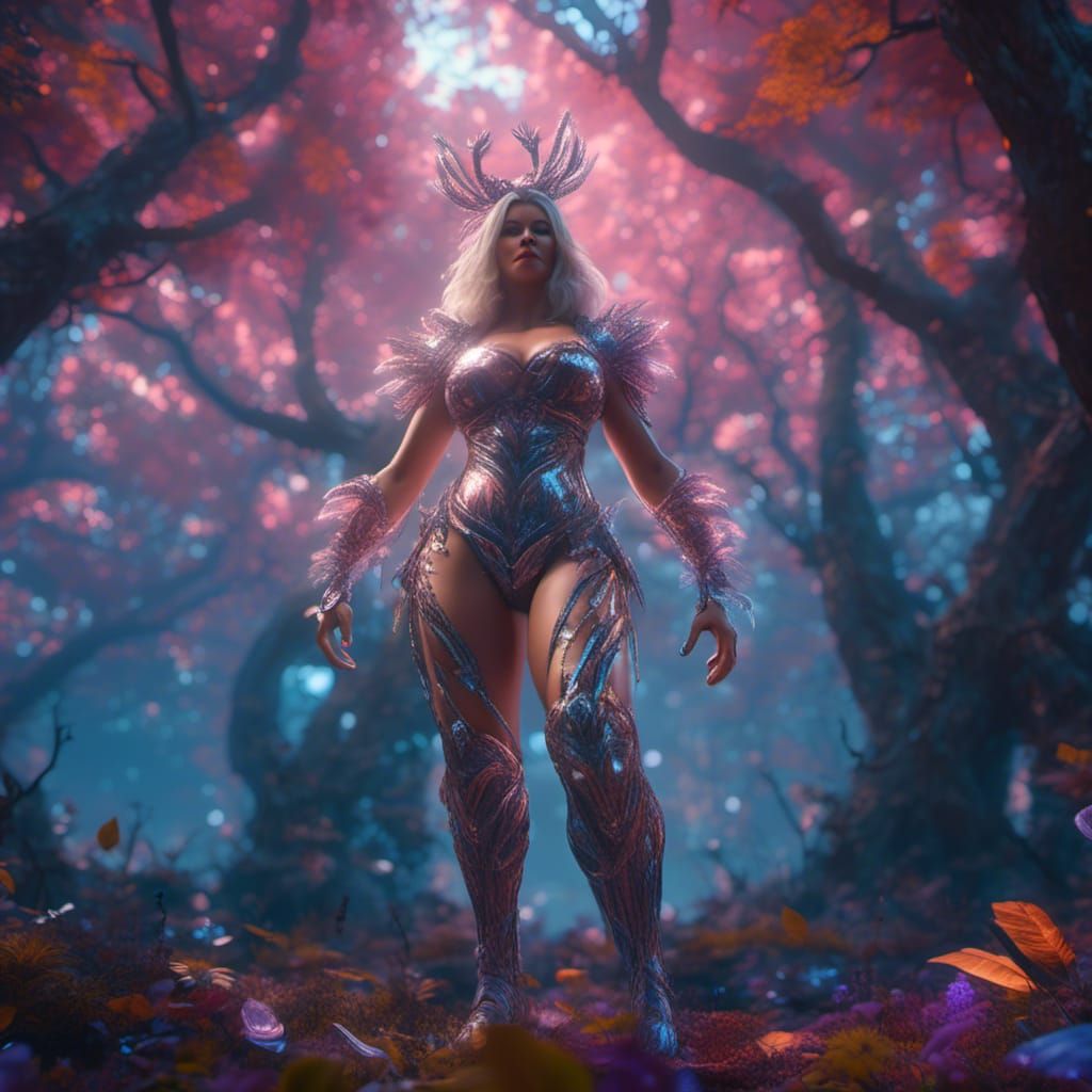 Muscular Woman in Cosmic Forest: 3D Game Art
