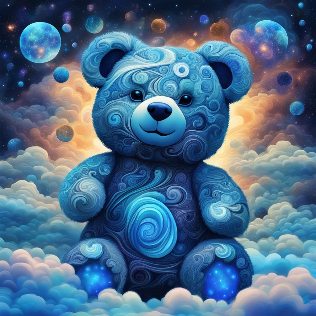 Holographic Fractal Teddy Bear in Blue Tones