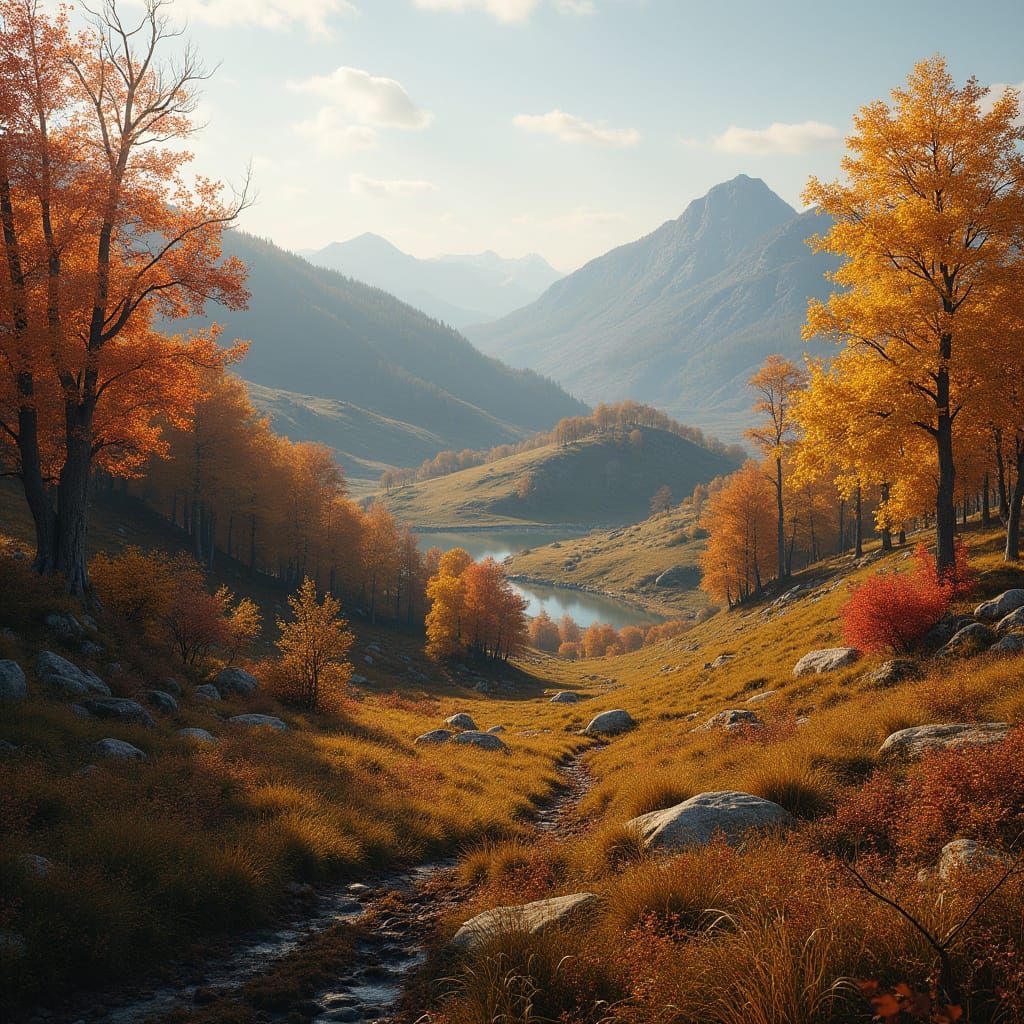 Hyperdetailed Autumn Hillscape with Textured Trees