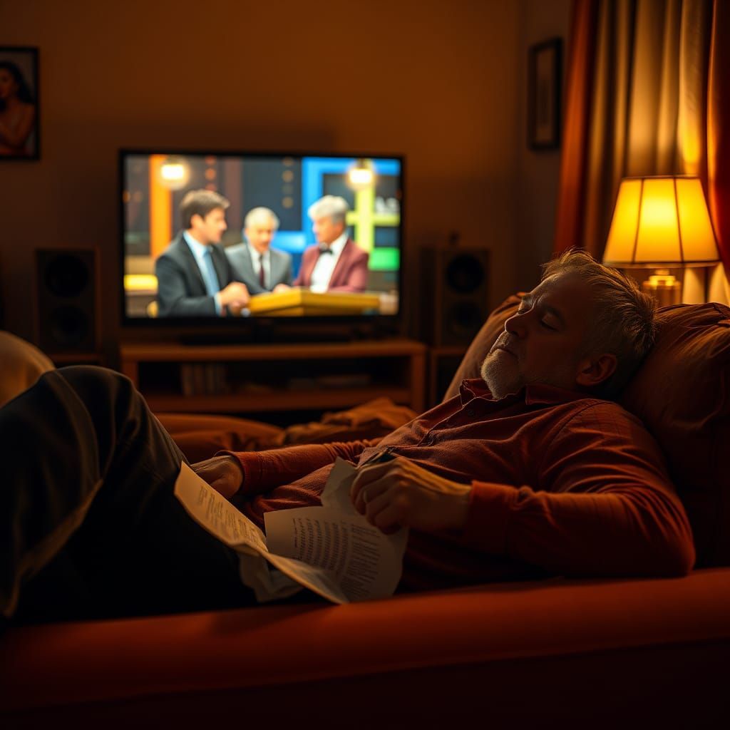 Man Asleep on Couch in Warm, Cinematic Style