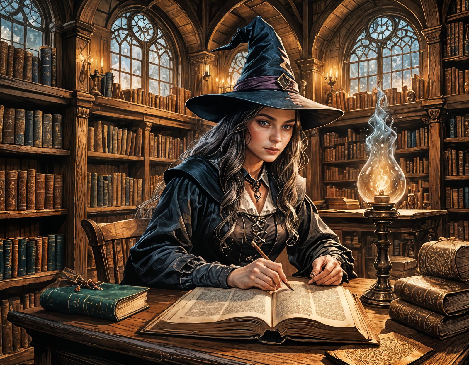 Young Witch Studies Magic in Library, Ink Hatching