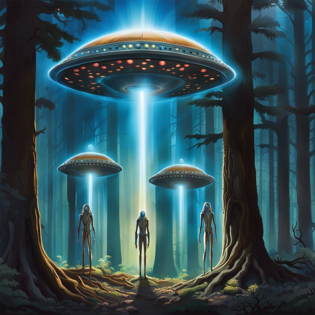 Nordic Aliens in Forest Under UFO Beam