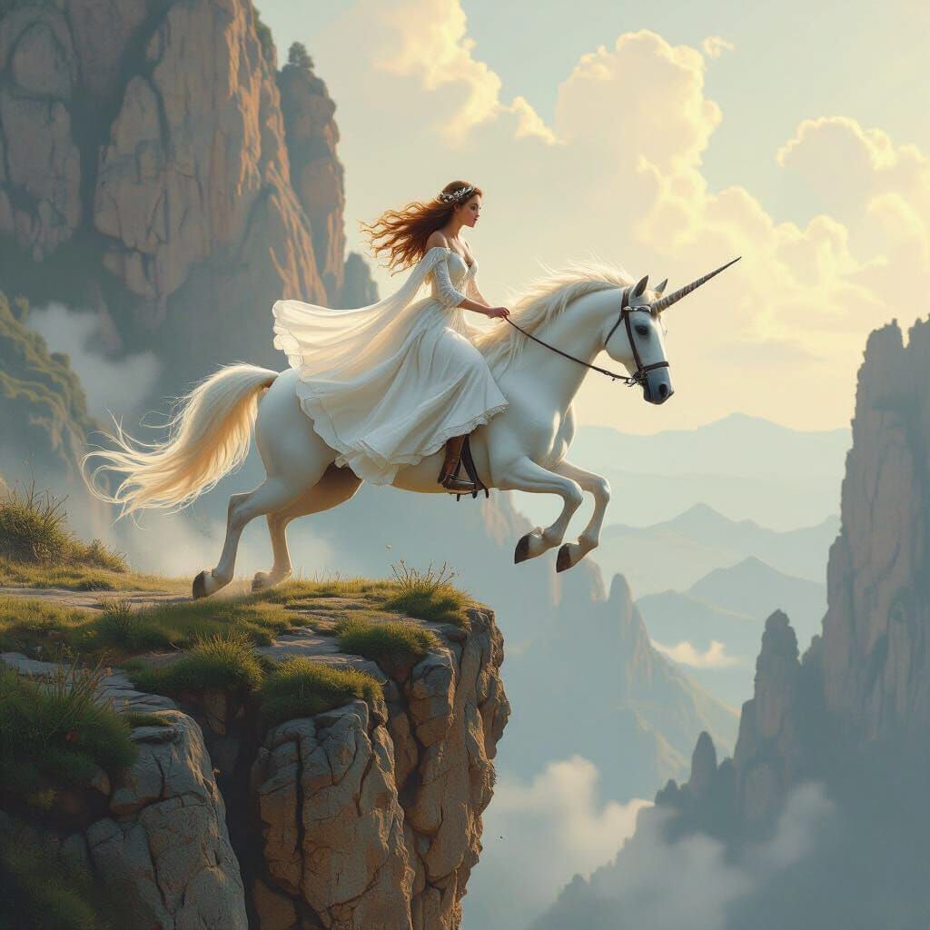 Unicorn Leap with Lady, Dreamy Fantasy Art