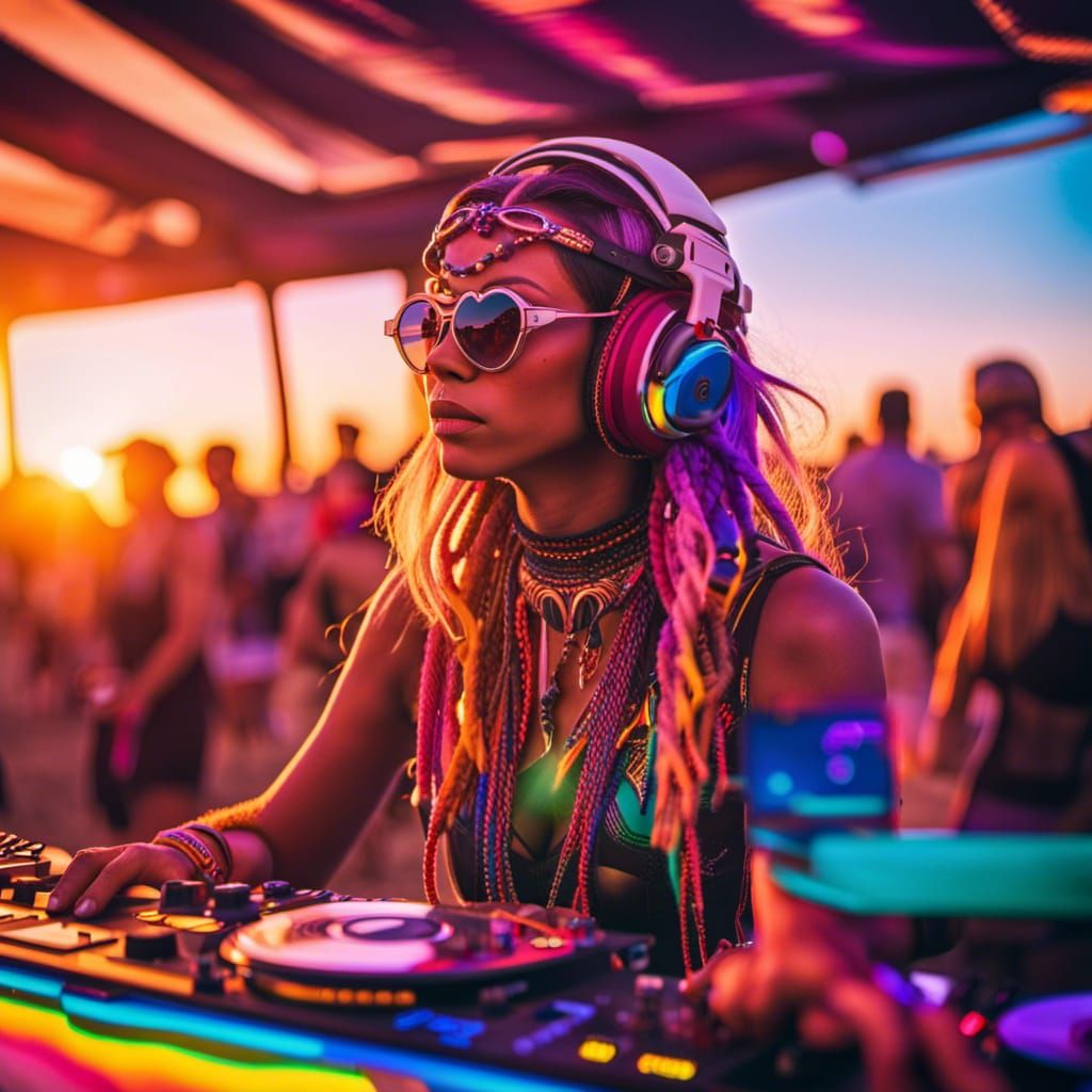 Female DJ at Sunset Festival in Futuristic Style