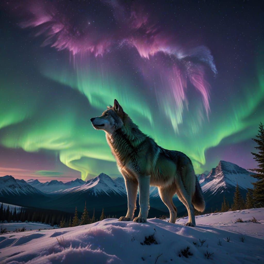 Majestic Lone Wolf Under the Aurora Borealis