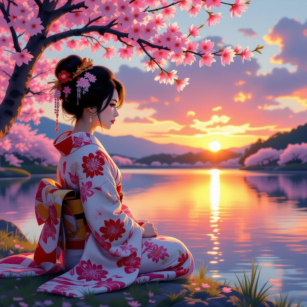 Japanese Princess at Sunset by Cherry Blossom Lake