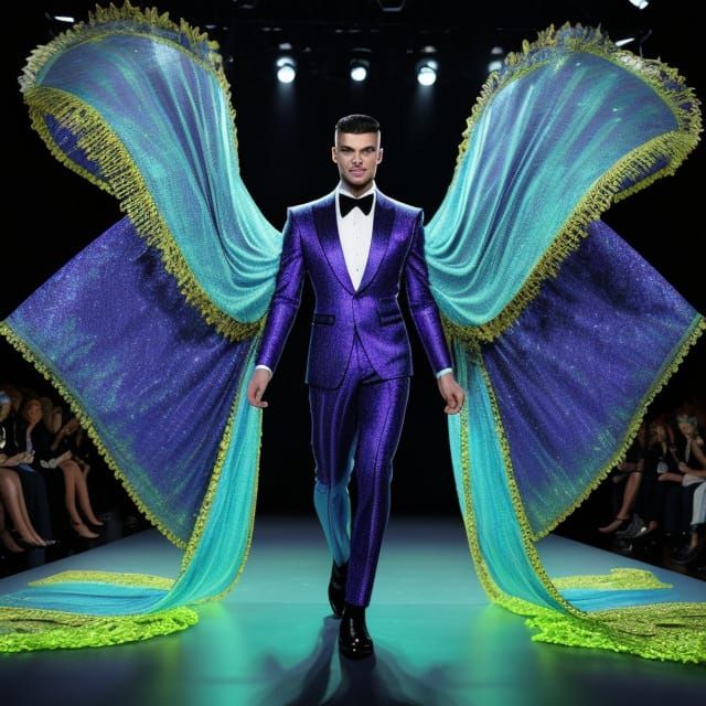 Dashing Male Model Struts Haute Couture on a Glowing Catwalk