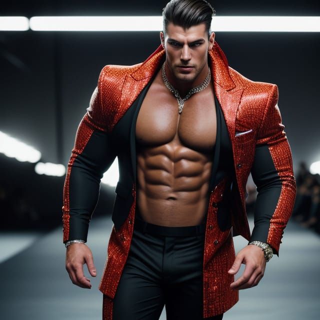 Handsome Man in Luxurious High-Fashion Suit on Glowing Runwa...