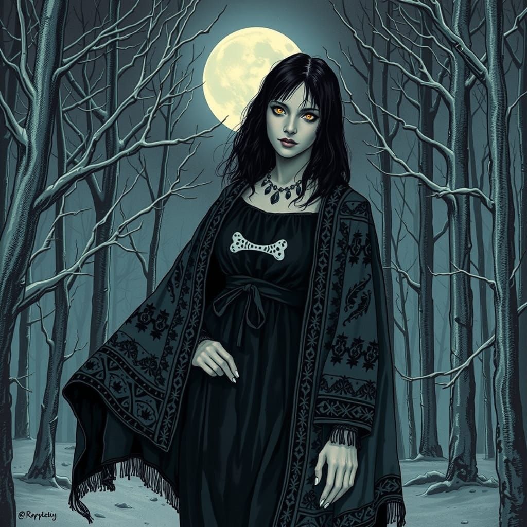 Dark Slavic Goddess in Frostbitten Winter Forest