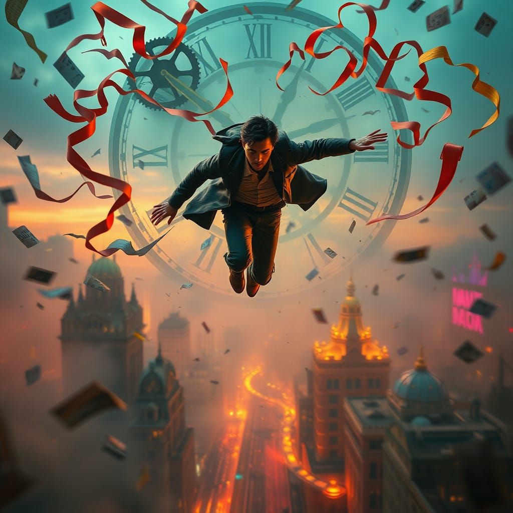 Surreal Timekeeper in a Whirlwind of Clockwork and Color