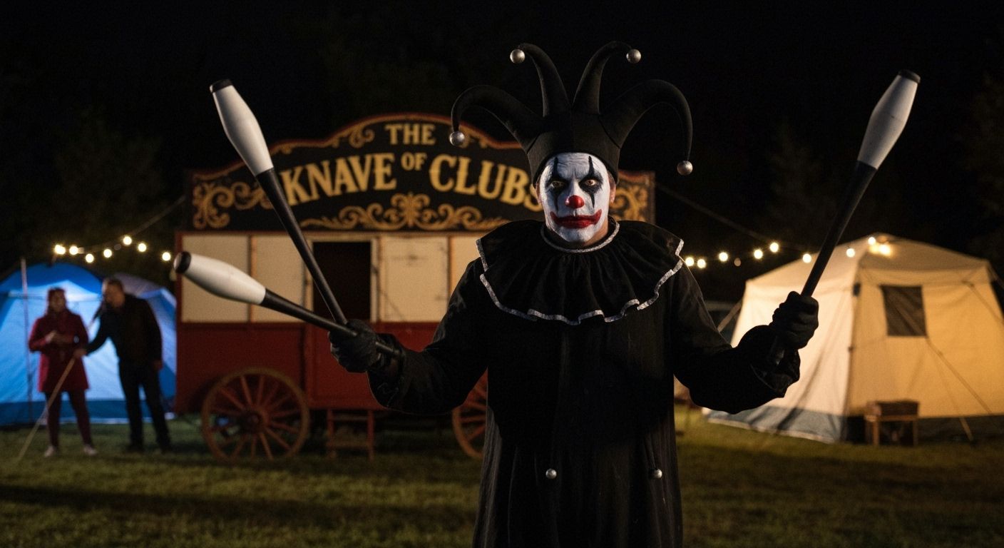 Knave of Clubs Clown Juggles Batons on Halloween Night