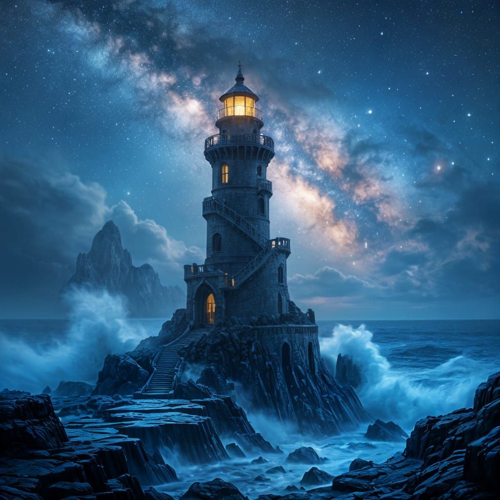 Obsidian Lighthouse on Rocky Coast Under Starry Sky