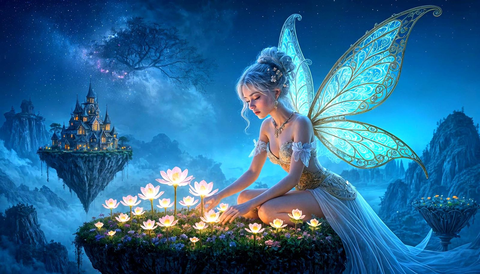Whimsical Fairy Tends Ethereal Garden on Floating Island