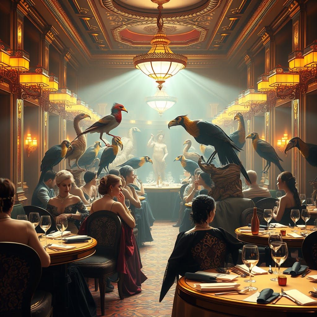 Lavish Restaurant Scene with Regal Women and Exotic Creature...