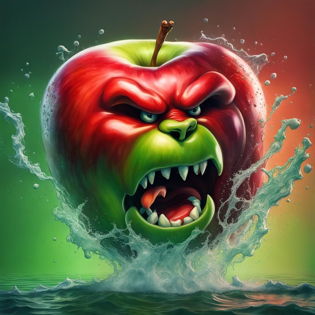 Hyperrealistic Apple-Bear vs. Apple-Fish Splash Art