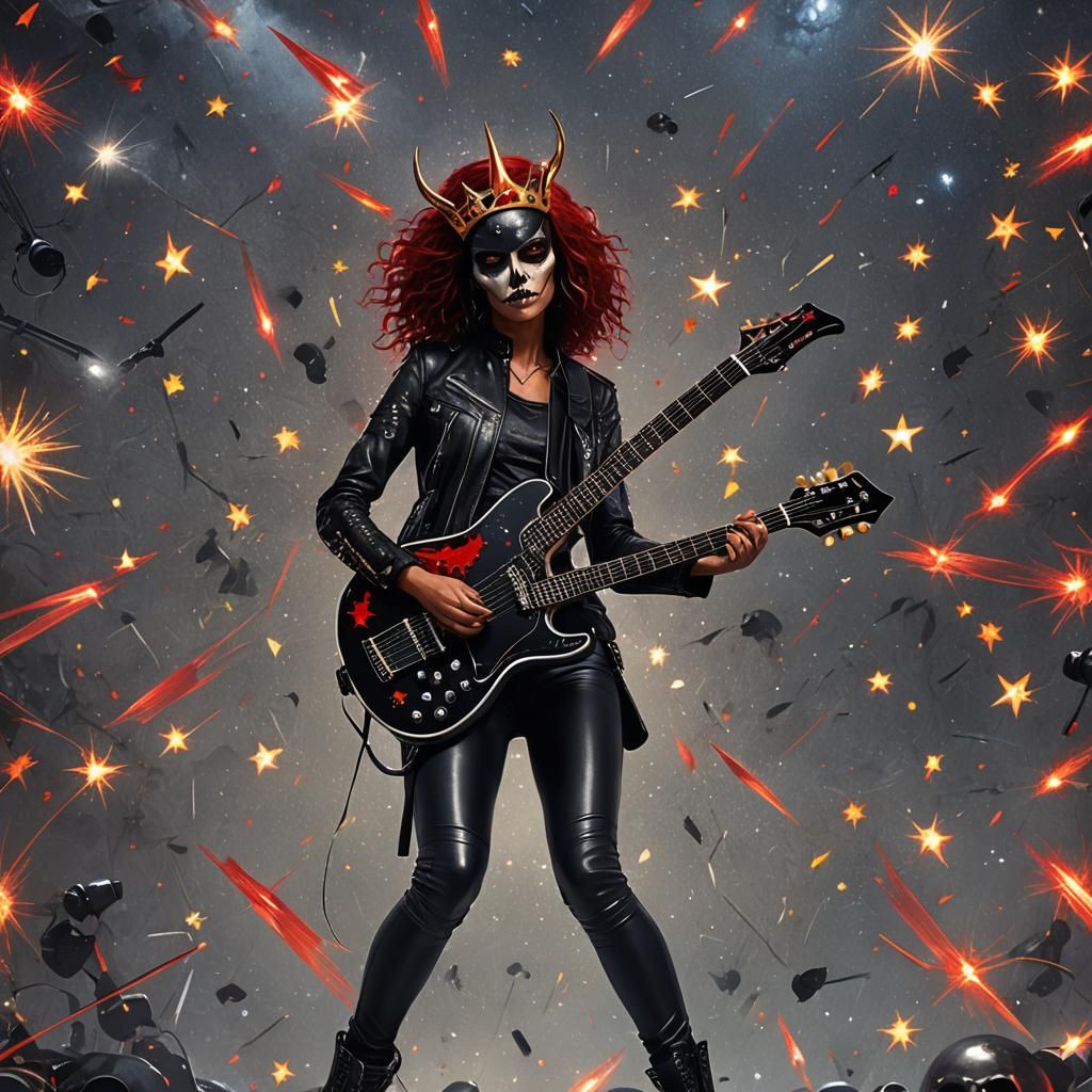 Winged Hair Woman Plays Electric Skull Guitar