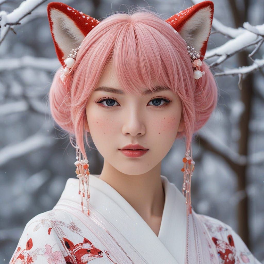 Shinto Maiden in Fox Kimono: Anime Style Digital Art