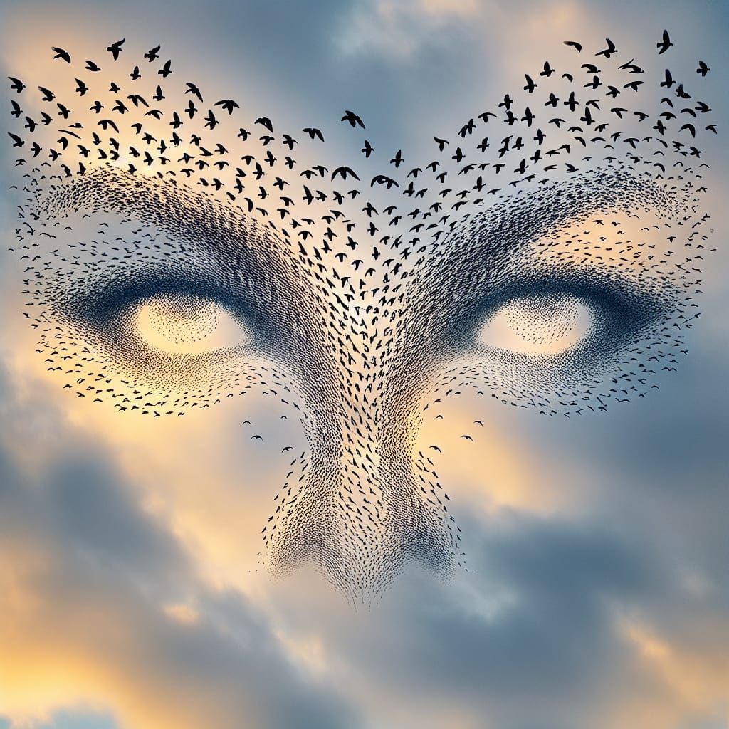 Abstract Bird Flight Illusion: Woman's Eyes in Sky