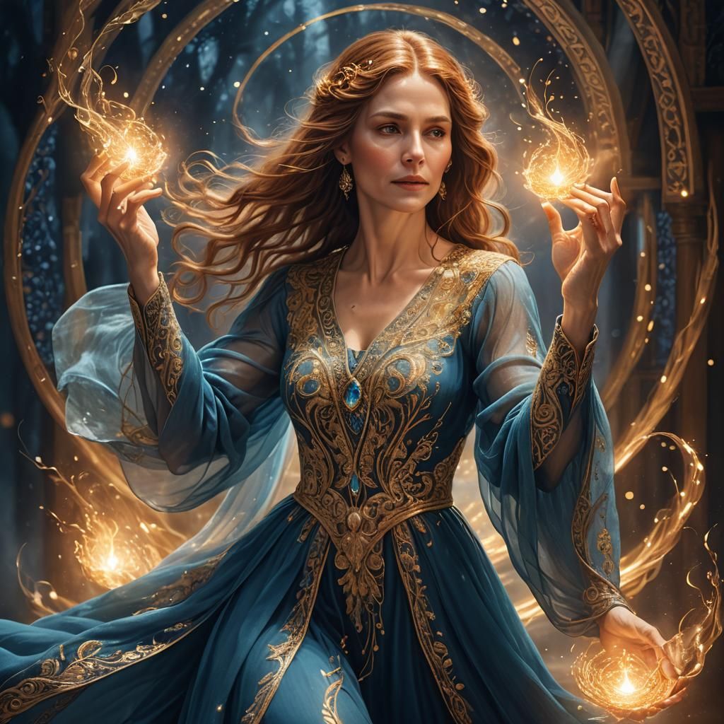 Ethereal Woman Holds Flame in a Mystical Forest