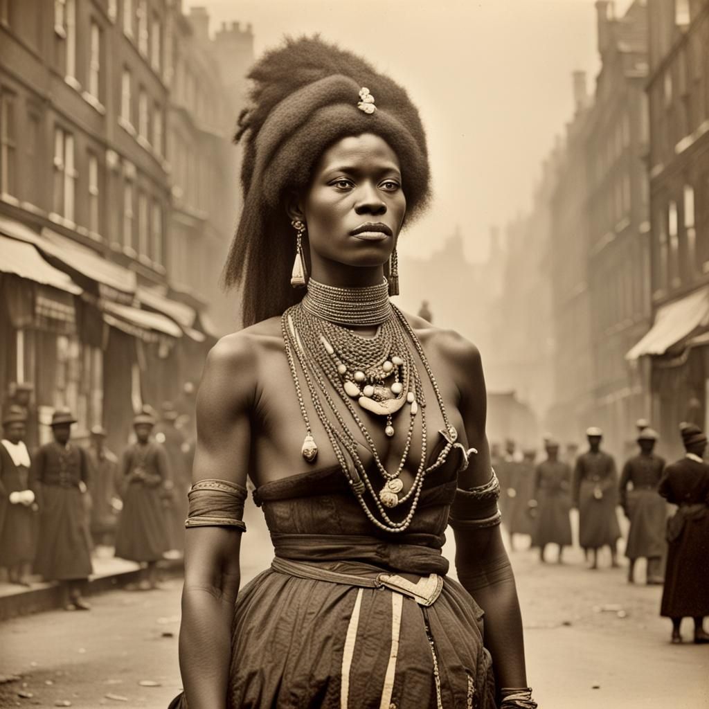 African Warrior in Misty 1880s London Street