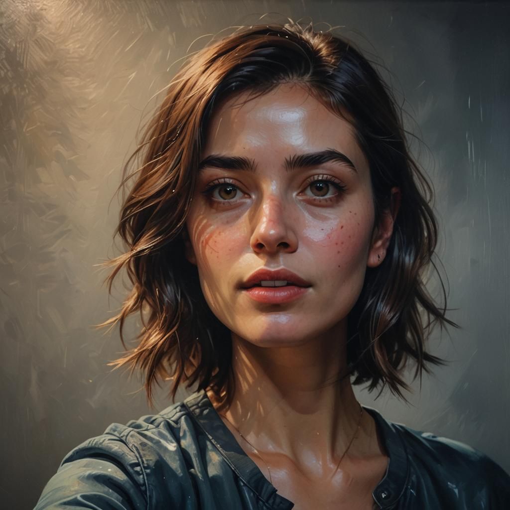Woman's Selfie in Dim Light: Hyper-Realistic Oil Painting